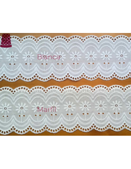 Entredós de batista bordada (ancho 8 cms) Margarita y ondas - varios colores