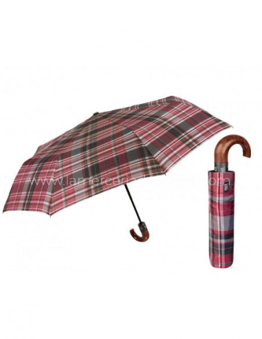 Paraguas plegable hombre, mango curvo modelo escocés rojo y gris de Perletti