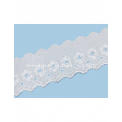 Puntilla de batista bordada blanca (ancho 7,5cm) Flor y...