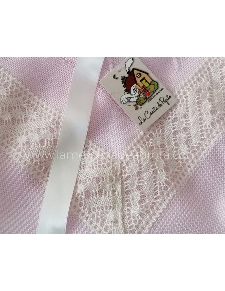 Chal-Toquilla bebé perlé entredós y lazo de La casita de Pepito - ROSA