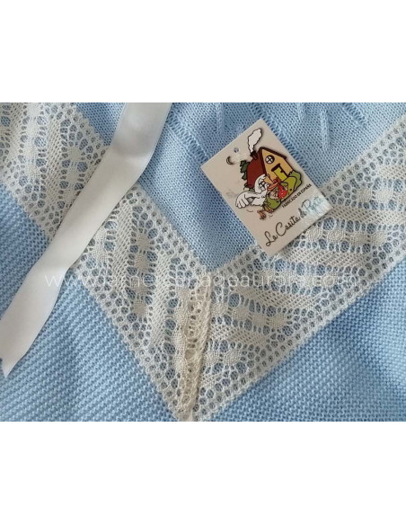 Chal-Toquilla bebé perlé entredós y lazo de La casita de Pepito - CELESTE