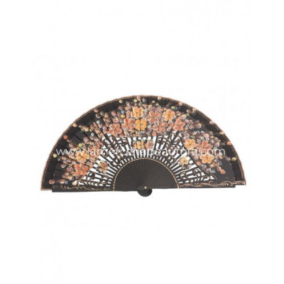 Abanico de madera calado y pintado a mano negro Flores