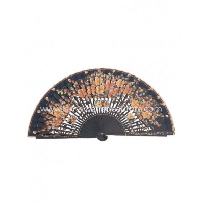 Abanico de madera calado y pintado a mano azul marino Flores