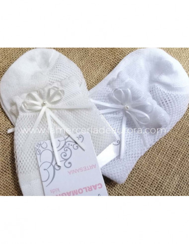 Calcetines ceremonia niña calado red con lacito de Carlomagno - NATURAL y BLANCO