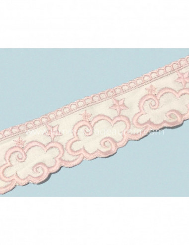 Bordado marfil y rosa (ancho 4cms) Nubes y estrellas