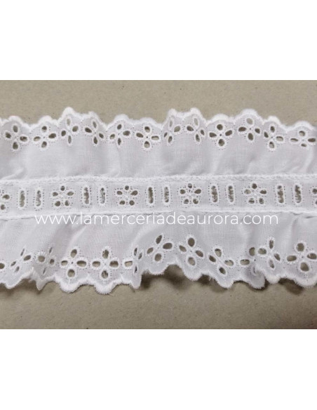 Bordado doble fruncido con pasacintas blanco (ancho 7,5 cms) Danna