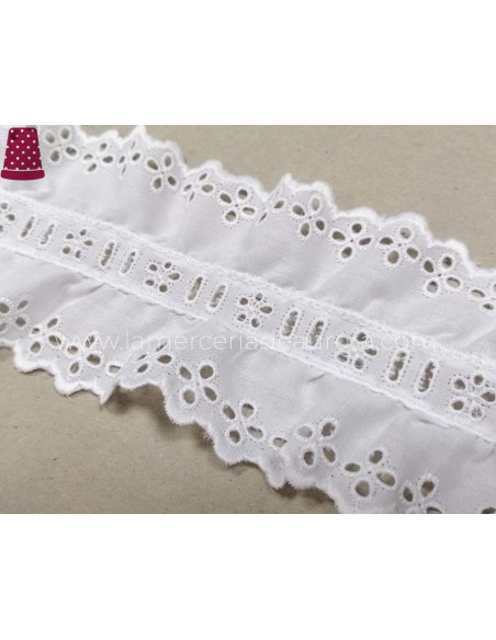 Bordado doble fruncido con pasacintas blanco (ancho 7,5 cms) Danna