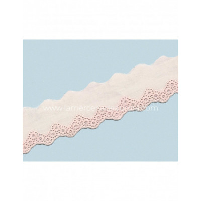 Puntilla batista bordada blanca y rosa (ancha 5cm) Giulia