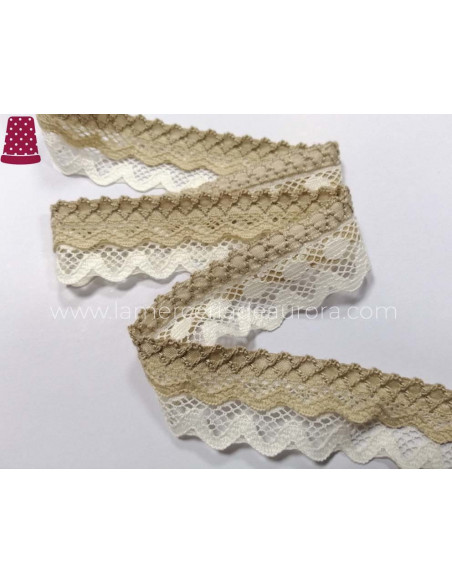 Encaje nylon doble marfil y camel (ancho 2,5cms) Venus