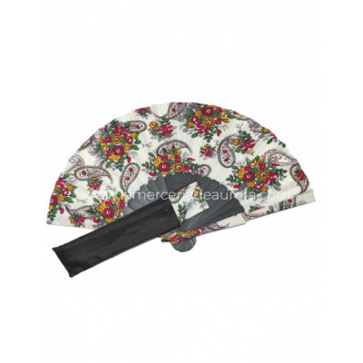 Abanico de madera negra y tela Cachemir con funda de tela