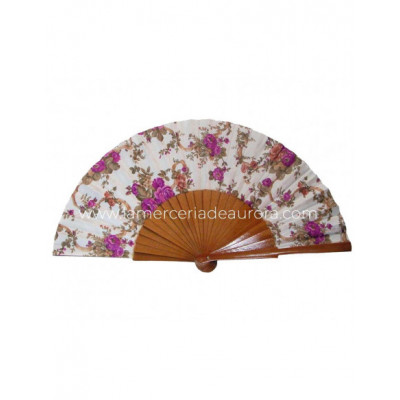 Abanico de madera y tela Rosas moradas
