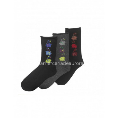 Calcetín algodón puño rulo Hojas (packs 3 pares) de Posets