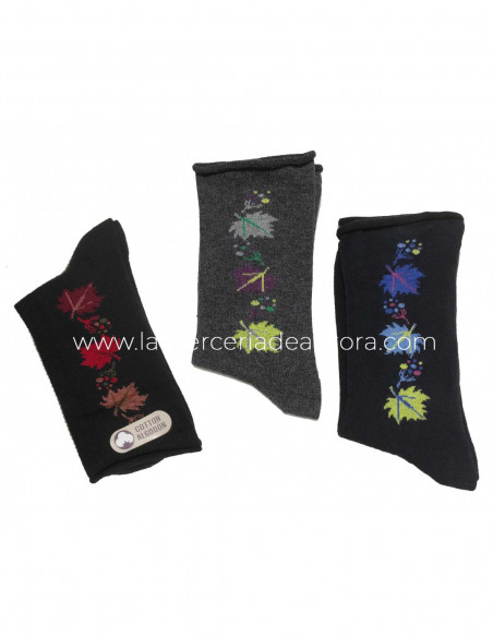 Calcetín algodón puño rulo Hojas (packs 3 pares) de Posets