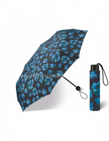 Paraguas plegable apertura manual Flores azules fondo negro de Happy Rain