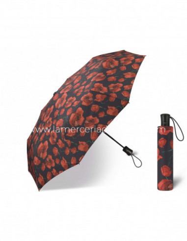 Paraguas plegable apertura automática Flores rojas fondo negro de Happy Rain