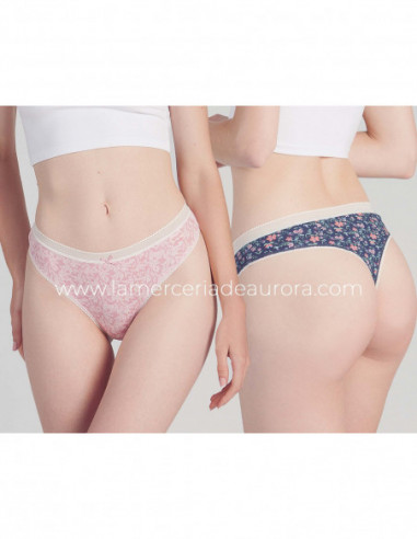 Tanga algodón Ramas rosa y floral marino (pack 2 uds) de Kehat