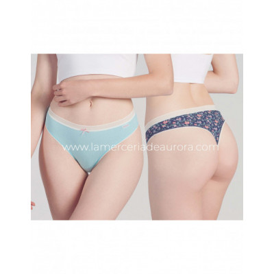 Tanga algodón Topitos y floral marino (pack 2 uds) de Kehat