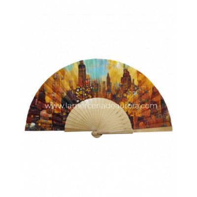Abanico de madera y tela "Paisaje urbano" de Klimt