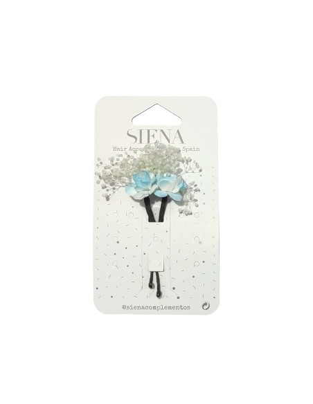 Pincho recogidos flor pequeña con gypsophila - AZUL CELESTE Pincho recogidos flor pequeña con gypsophila - AZUL CELESTE