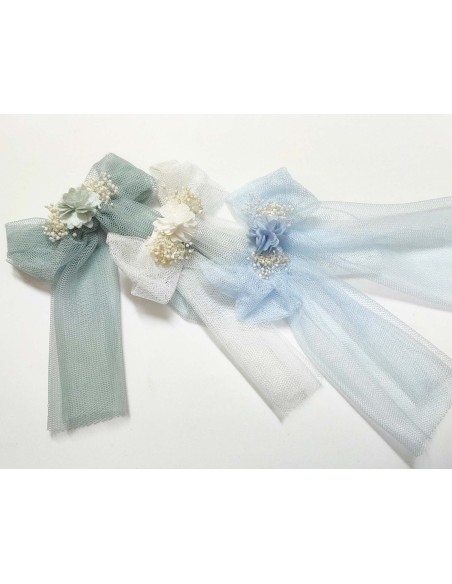 Pinza pico-pato con lazo tul y flor de Siena - VERDE MAR-BLANCO-AZUL CELESTE