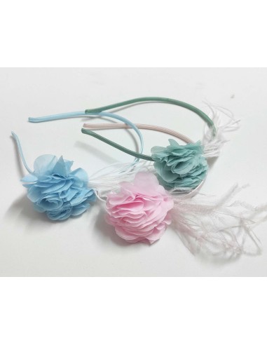 Diadema con pluma y flor peonía de Siena - AZUL CELESTE - ROSA PASTEL - VERDE MAR