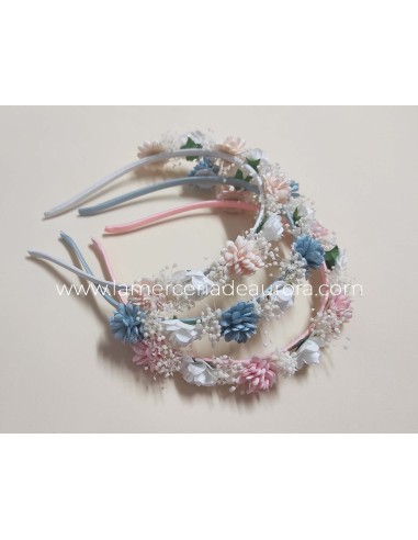 Diadema flores Elia y gypsophila de Siena complementos - CRUDO (arriba), AZUL FRANCIA (centro) y SALMÓN (baja)
