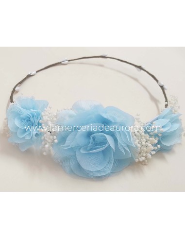 Corona flores bambula- tul y gypsophila de Siena complementos - AZUL CELESTE