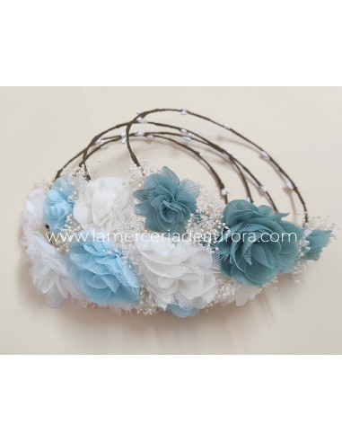 Corona flores bambula- tul y gypsophila de Siena complementos - VERDE MAR, CRUDO, AZUL CELESTE y BLANCO
