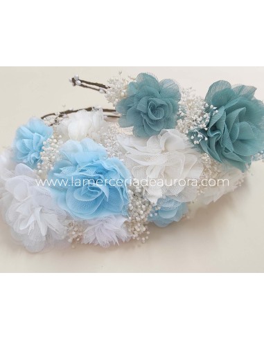 Corona flores bambula- tul y gypsophila de Siena complementos - VERDE MAR, CRUDO, AZUL CELESTE y BLANCO