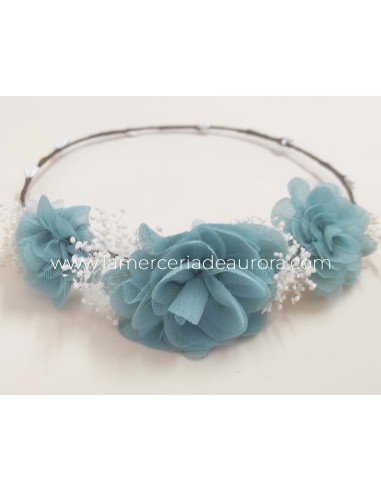 Corona flores bambula- tul y gypsophila de Siena complementos - VERDE MAR