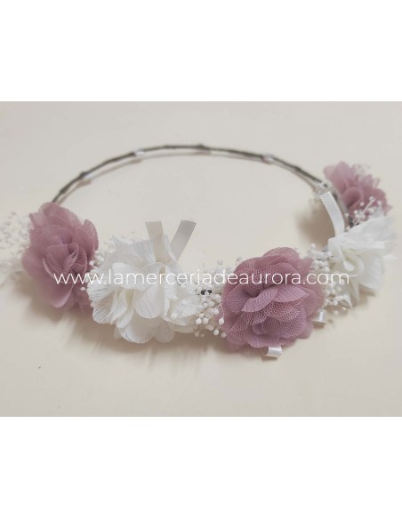 Corona flores bambula-tul y gypsophila con cintas de Siena complementos - ROSA FRANCIA Corona flores bambula-tul y gypsophila con cintas de Siena complementos - ROSA FRANCIA