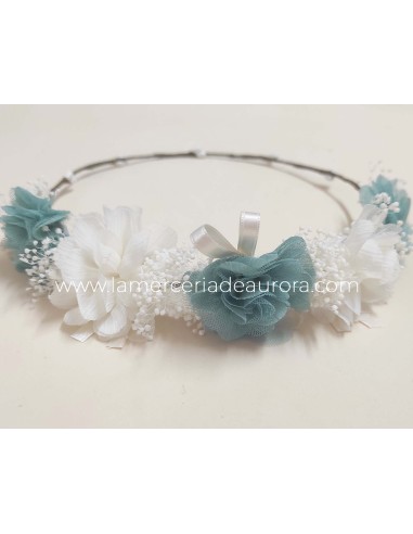 Corona flores bambula-tul y gypsophila con cintas de Siena complementos - VERDE MAR