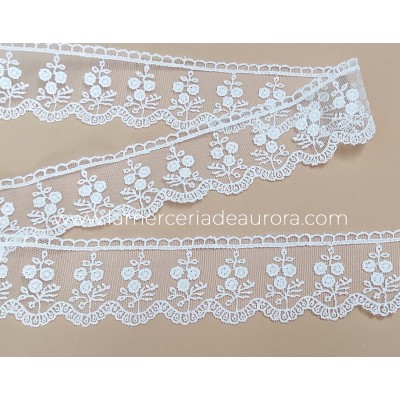Encaje de tul bordado blanco (ancho 4cm) Coral 2