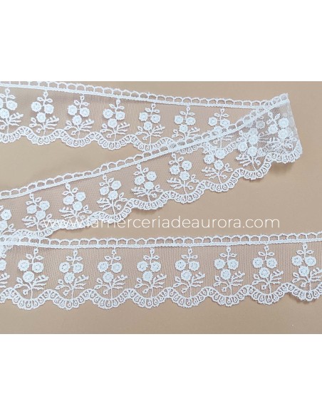Encaje de tul bordado blanco (ancho 4cm) Coral