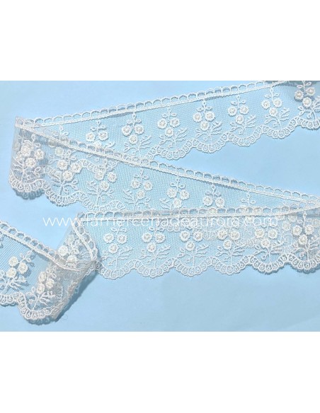 Encaje de tul bordado blanco (ancho 4cm) Coral