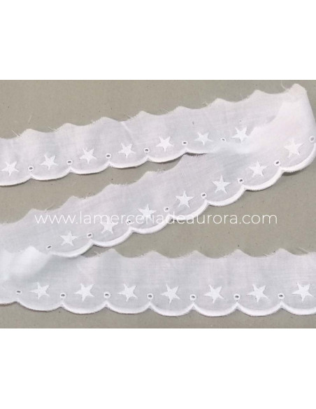 Puntilla batista bordada blanca (4 cm) Estrellas