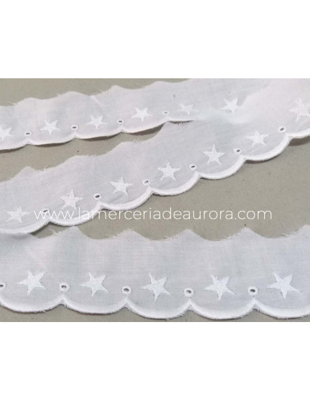 Puntilla batista bordada blanca (4 cm) Estrellas