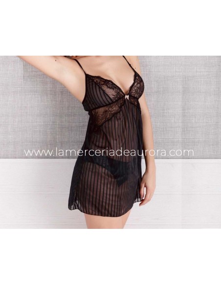 Picardías negro listado + tanga Ayelén de Demar