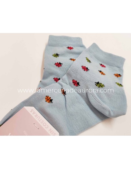 Calcetines mujer algodón sin costuras Mariquitas de Rodfer - CELESTE