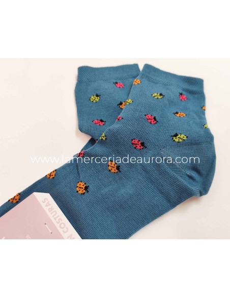 Calcetines mujer algodón sin costuras Mariquitas de Rodfer - AZUL FRANCIA