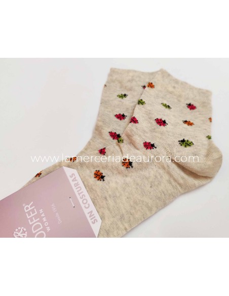 Calcetines mujer algodón sin costuras Mariquitas de Rodfer - NATURAL