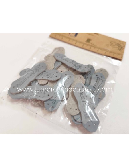 Etiquetas polipiel Gris azulado con forma (25 uds) "Hecho a mano"