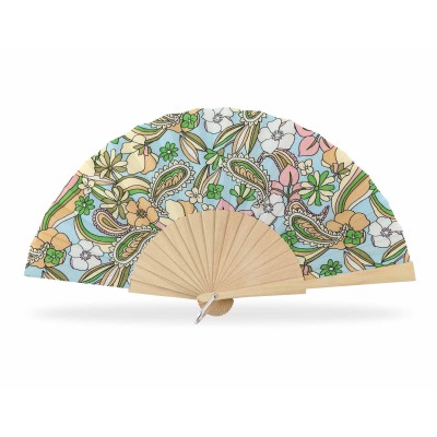 Abanico de madera natural y tela "Flores y cachemire" 2