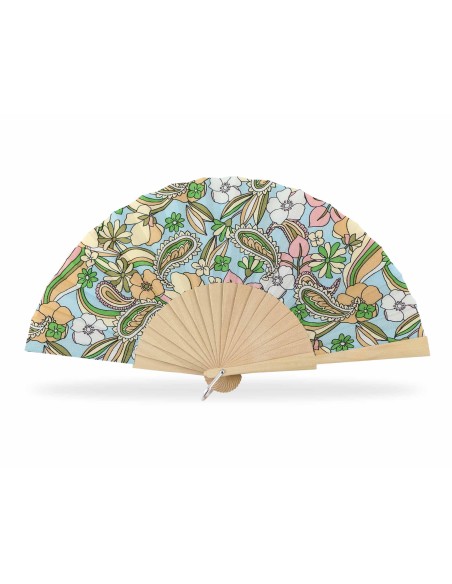 Abanico de madera natural y tela "Flores y cachemire" - CELESTE