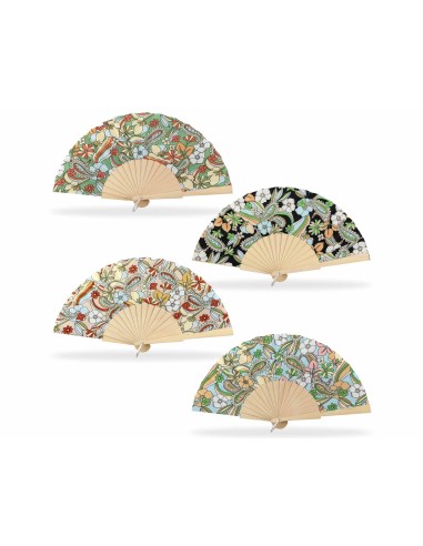 Abanico de madera natural y tela "Flores y...