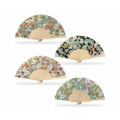 Abanico de madera natural y tela "Flores y cachemire"