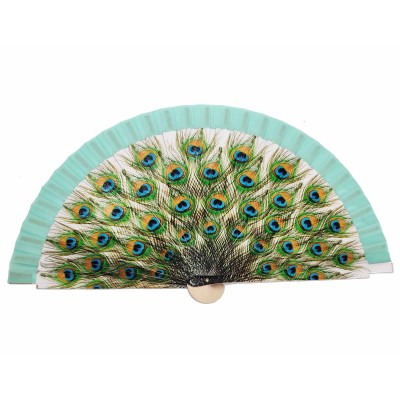 Abanico madera con caja "Pavo real" verde