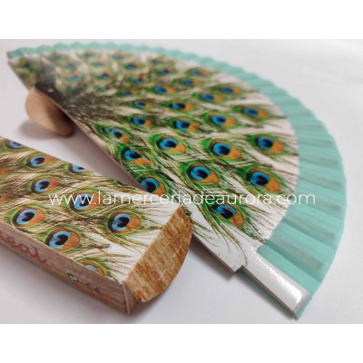 Abanico madera con caja "Pavo real" verde 2