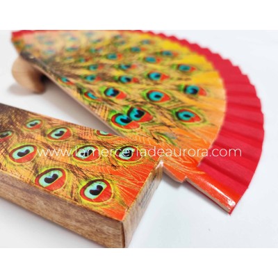 Abanico madera con caja "Pavo real" rojo 2