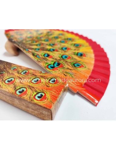 Abanico madera con caja "Pavo real" rojo